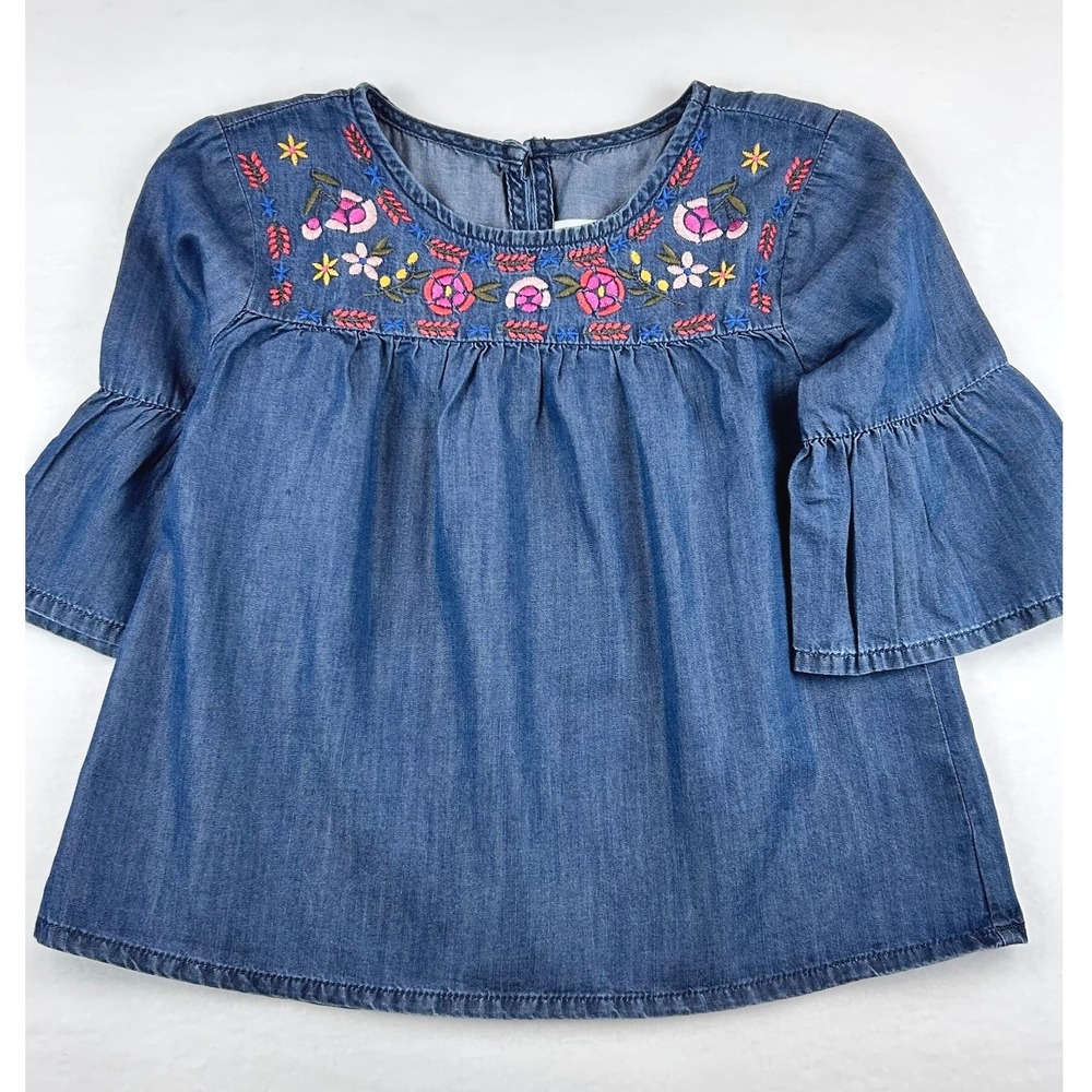 Crazy 8 Top Blue Chambray Embroidered Floral Bell Sleeve Girls Size M 7-8